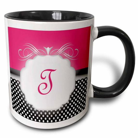 3drose, Elegant Pink with Black and White Polka Dot Monogram Letter T, 11oz Two-tone Black Mug