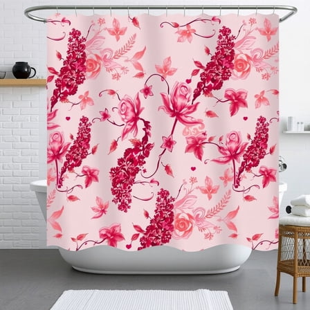 Elegant Pink and Red Floral Shower Curtain with Hemline - Romantic Bathroom Decor