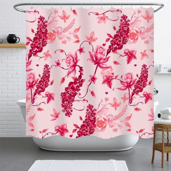 Elegant Pink and Red Floral Shower Curtain with Hemline - Romantic Bathroom Decor