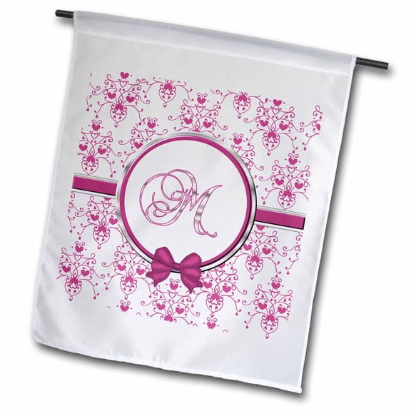 3dRose, Elegant Pink and Silver Heart Damask Monogram Letter M, 12 x 18 inch Garden Flag
