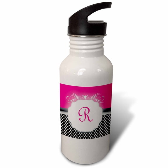 3dRose, Elegant Pink with Black and White Polka Dot Monogram Letter R, 21 oz Sports Water Bottle