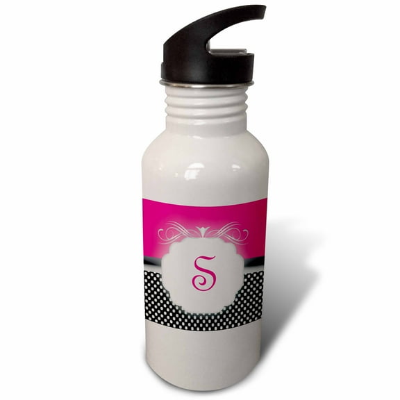 3dRose, Elegant Pink with Black and White Polka Dot Monogram Letter S, 21 oz Sports Water Bottle