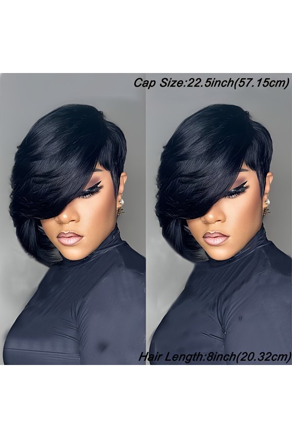 Elegant Pixie Cut Wig for Women - Density Virgin Brazilian Remy Hair, Short Straight with Bangs, Glueless Full Machine-Made Rose Net Cap, Non-Lace Front, Easy Maintenance, Comfortable Casual Attire