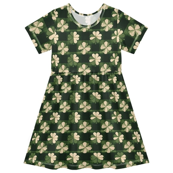Elegant Plaid Four Leaf Clover Short Sleeve Dress A-Line Cute Midi Casual Sundress 2-8 Years