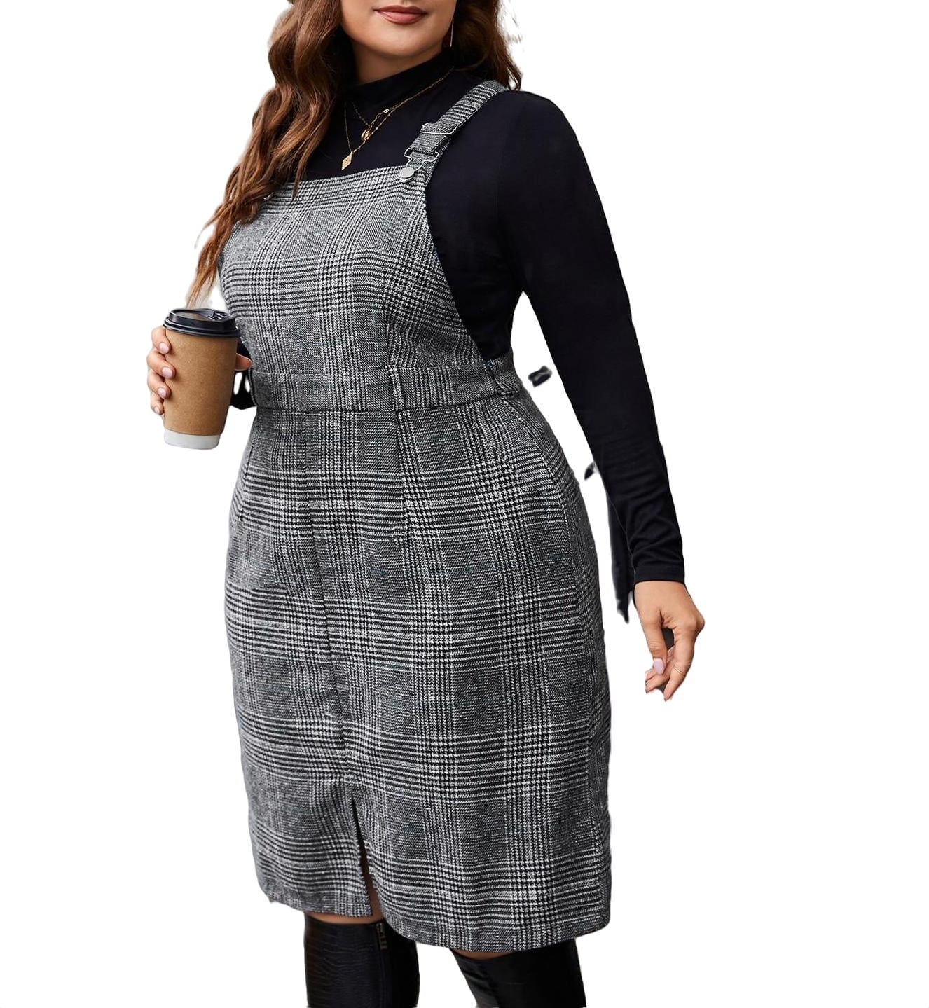 Elegant Plaid Straps Pinafore Sleeveless Grey Plus Size Dress