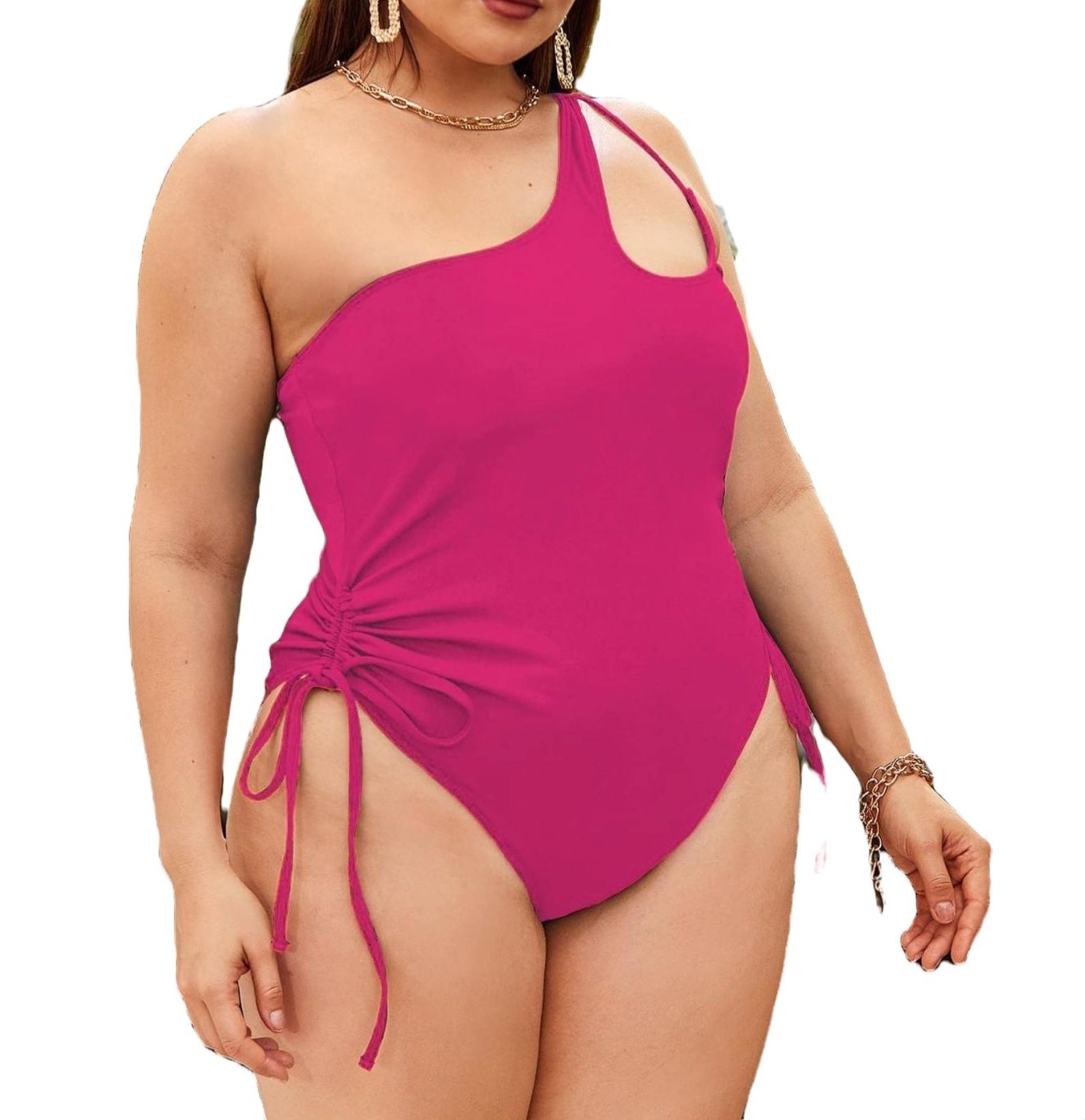 Elegant Plain Asymmetrical Neck Hot Pink Plus Size Swimsuit (Women's