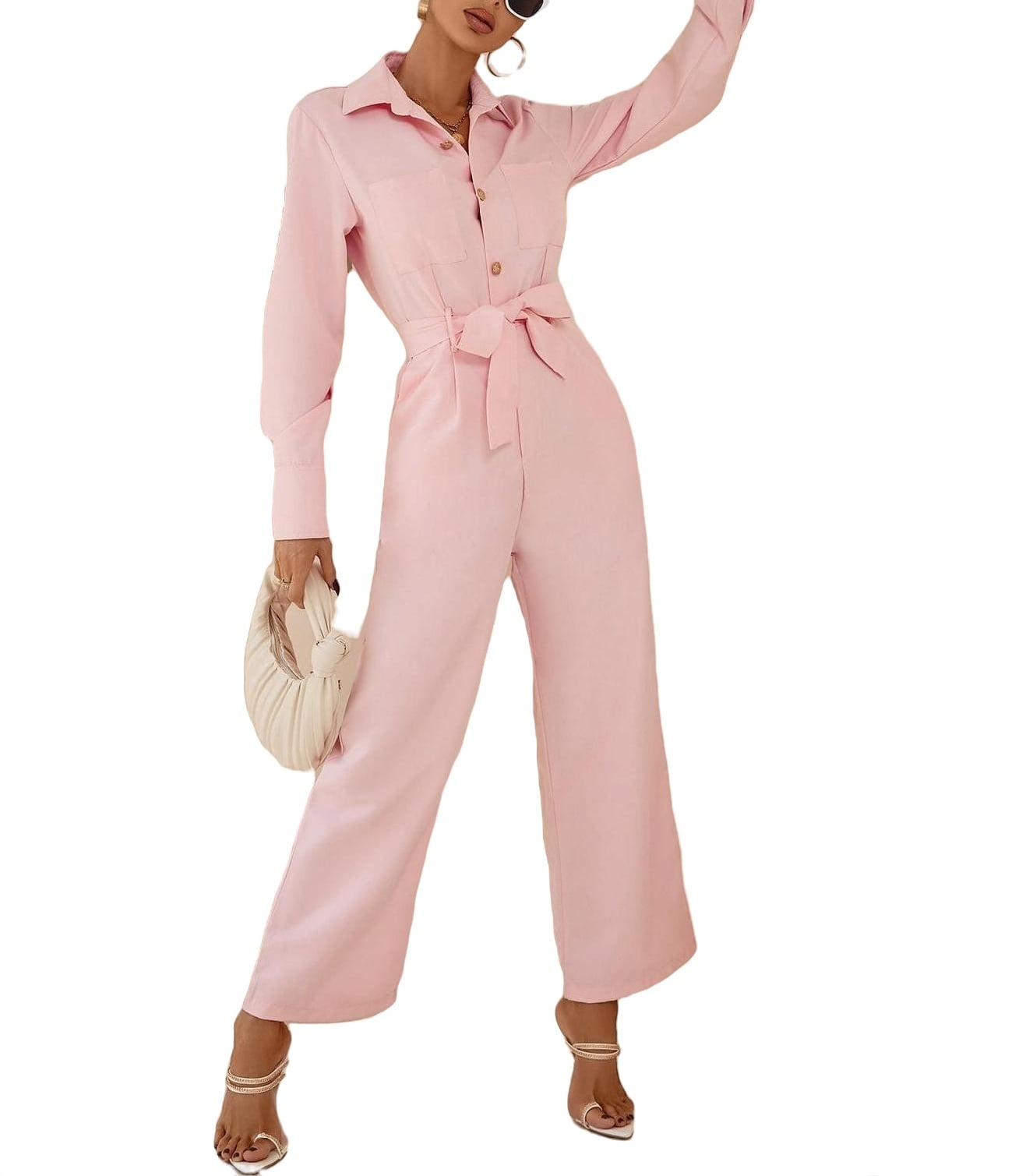 Elegant Plain Collar Wide Leg Long Sleeve Baby Pink Womens
