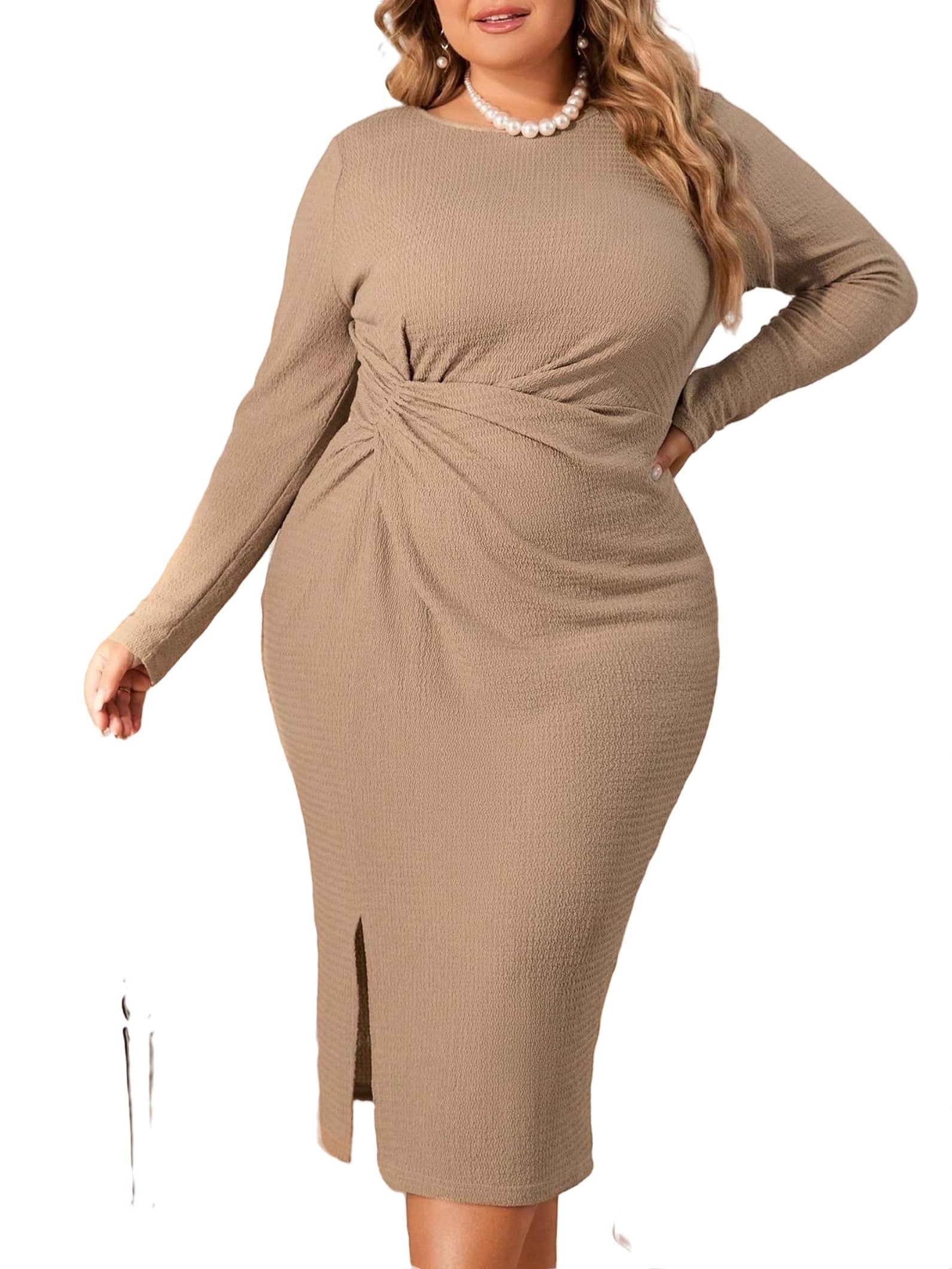 Elegant Plain Fitted Dress Round Neck Khaki Plus Size Dresses