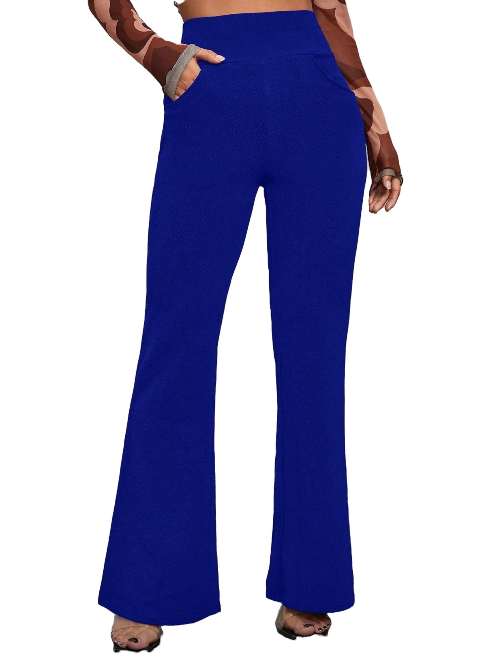 Elegant Plain Flare Leg Royal Blue Women Pants (Women's)