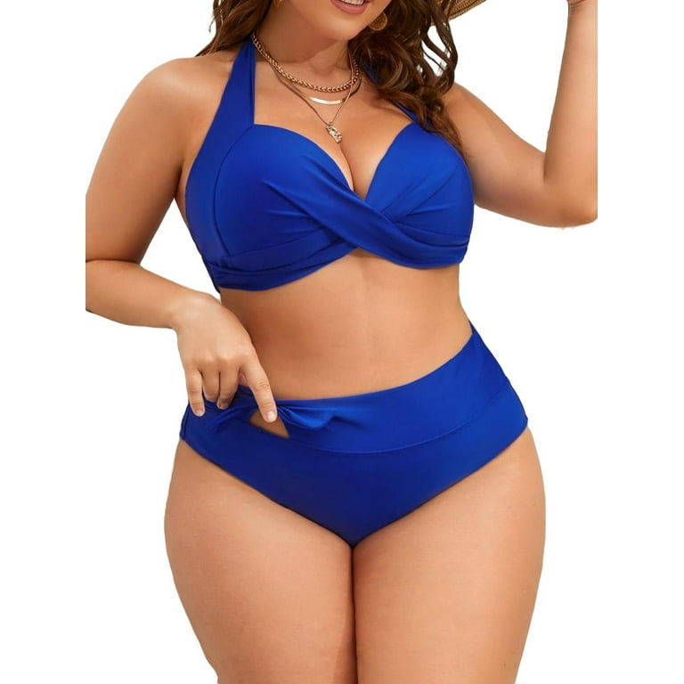 Elegant Plain Halter Royal Blue Plus Size Bikini Sets Women s Plus