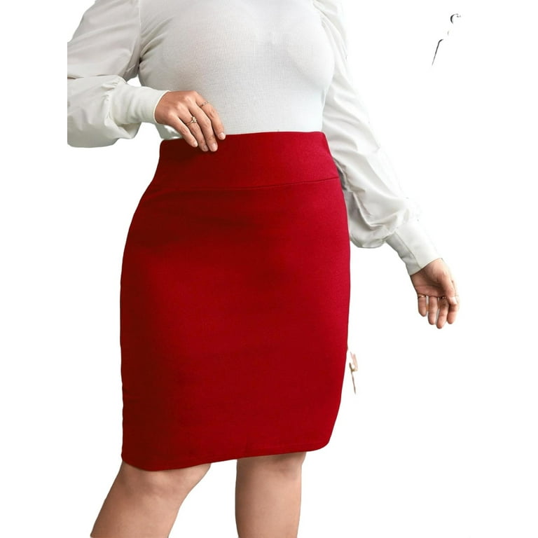 Elegant Plain Pencil Skirt Red Plus Size Skirts