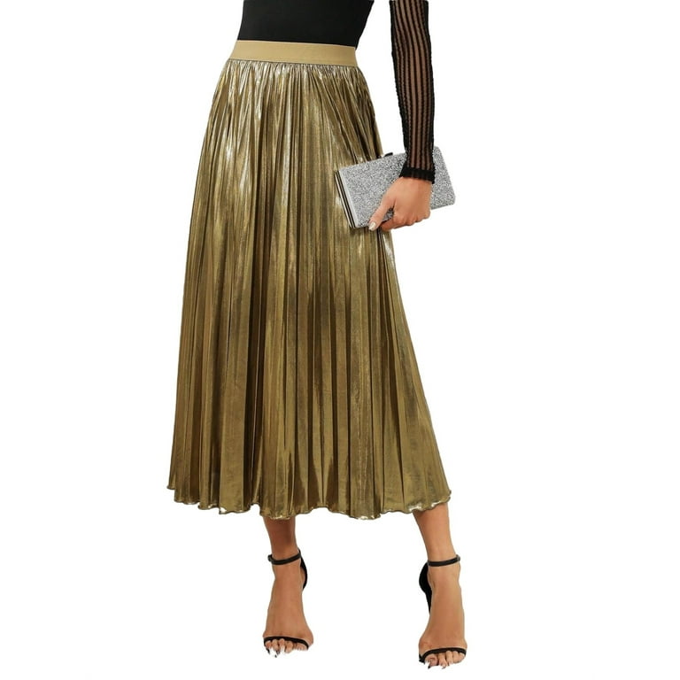 Elegant Plain Pleated Gold Women Skirts