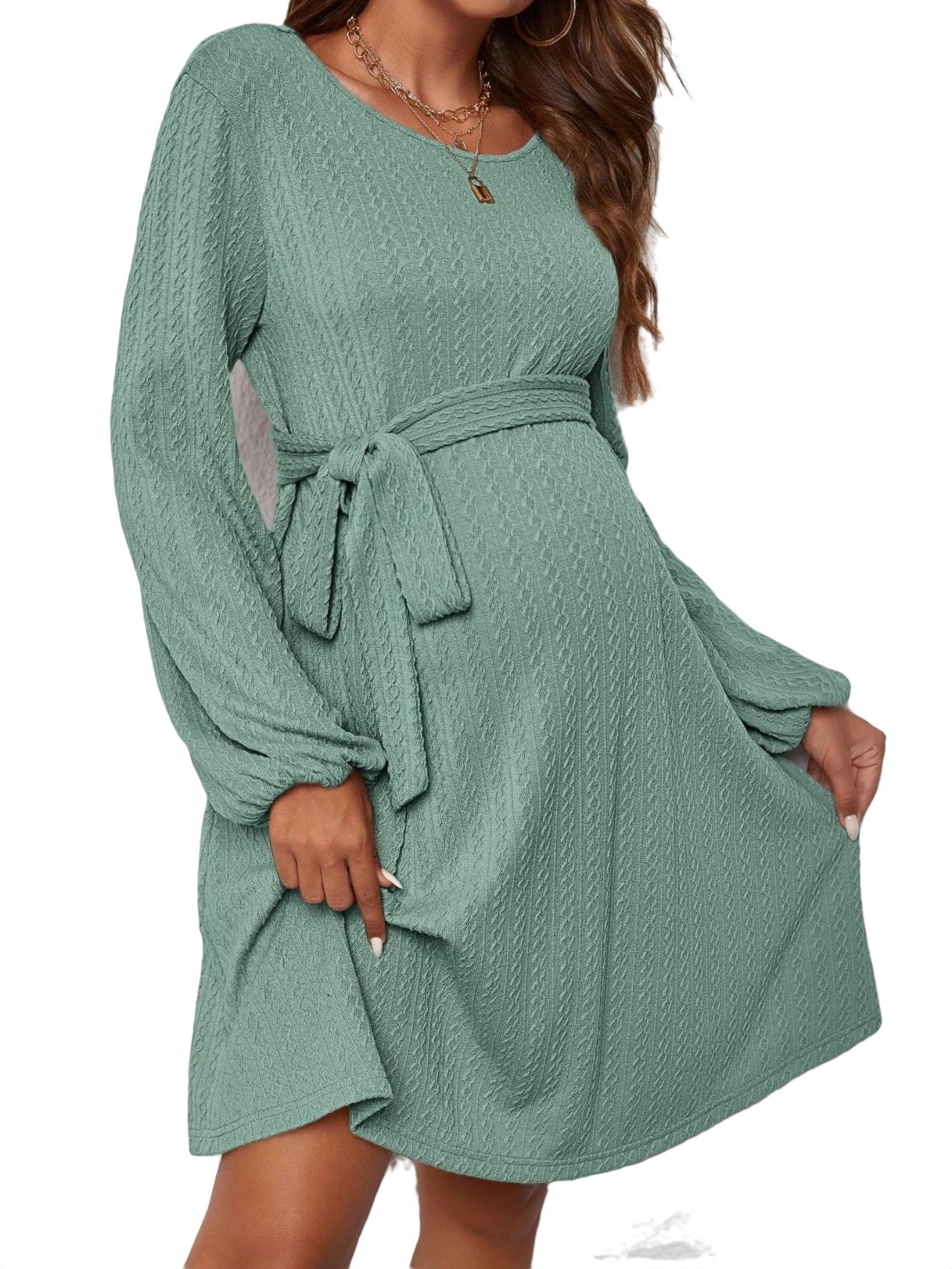 Elegant Plain Round Neck A Line Long Sleeve Mint Green Maternity