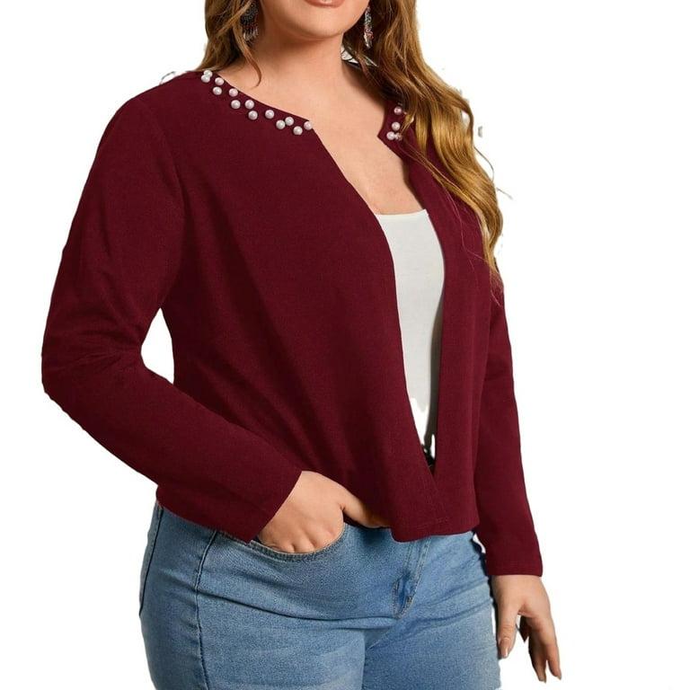 Elegant Plain Round Neck Jacket Long Sleeve Burgundy Plus Size Jackets Women s Walmart