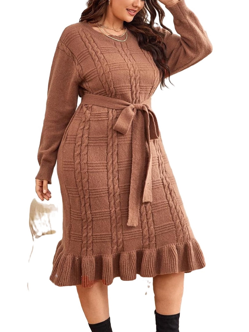 Elegant Plain Round Neck Long Sleeve Coffee Brown Plus Size Sweater