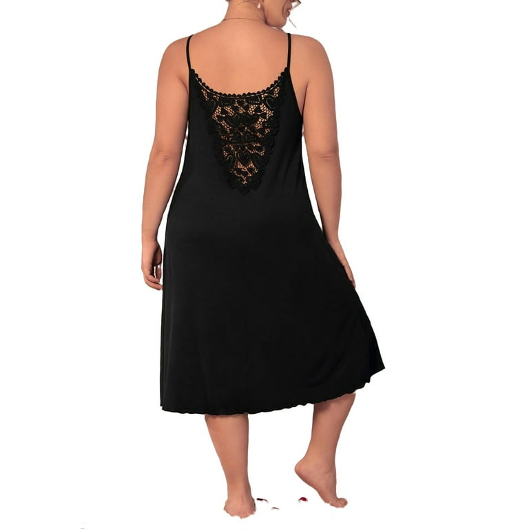 Elegant Plain Spaghetti Strap Slip Dress Sleeveless Black Plus