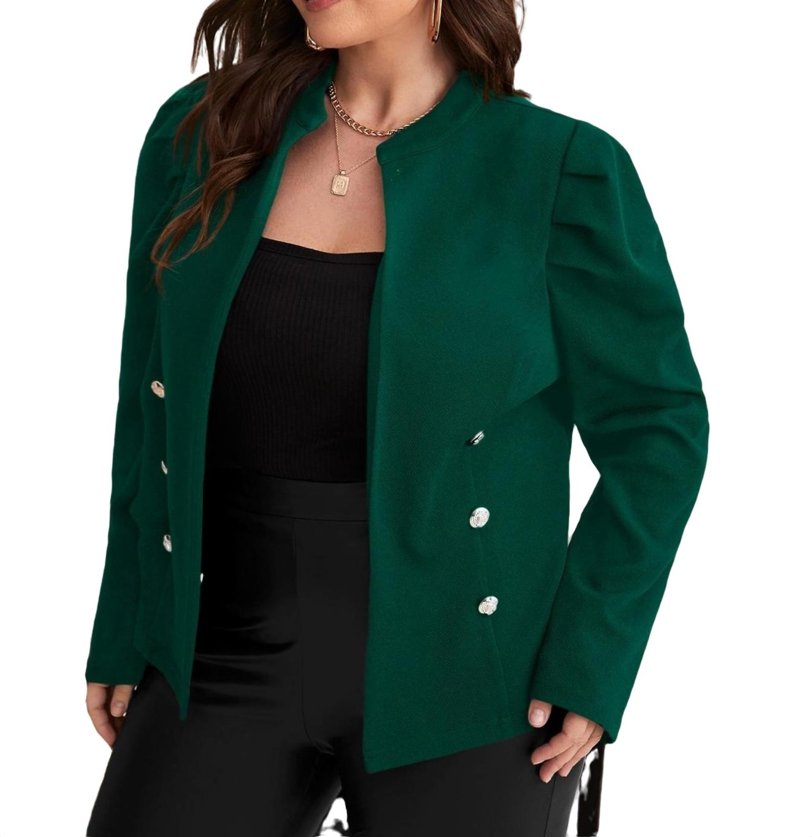 Elegant Plain Stand Collar Jacket Long Sleeve Dark Green Plus Size ...