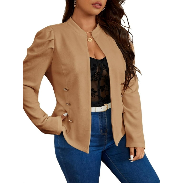 Elegant Plain Stand Collar Jacket Long Sleeve Khaki Plus Size Jackets Women s