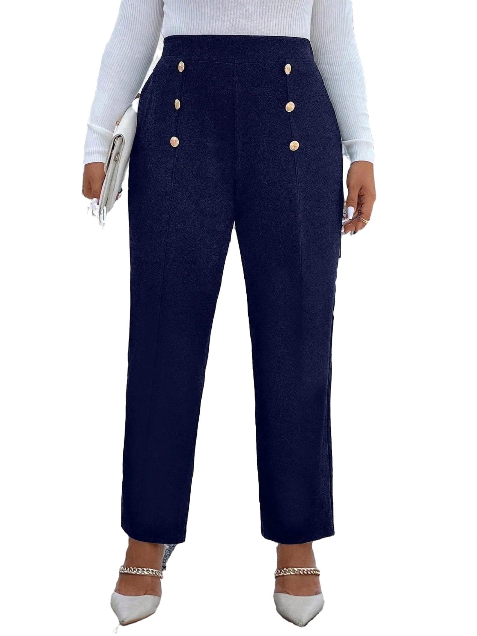 Elegant Plain Straight Leg Navy Blue Plus Size Pants - Walmart.com