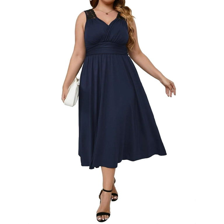 Elegant Plain V neck A Line Sleeveless Navy Blue Plus Size Dresses Women s Plus Walmart