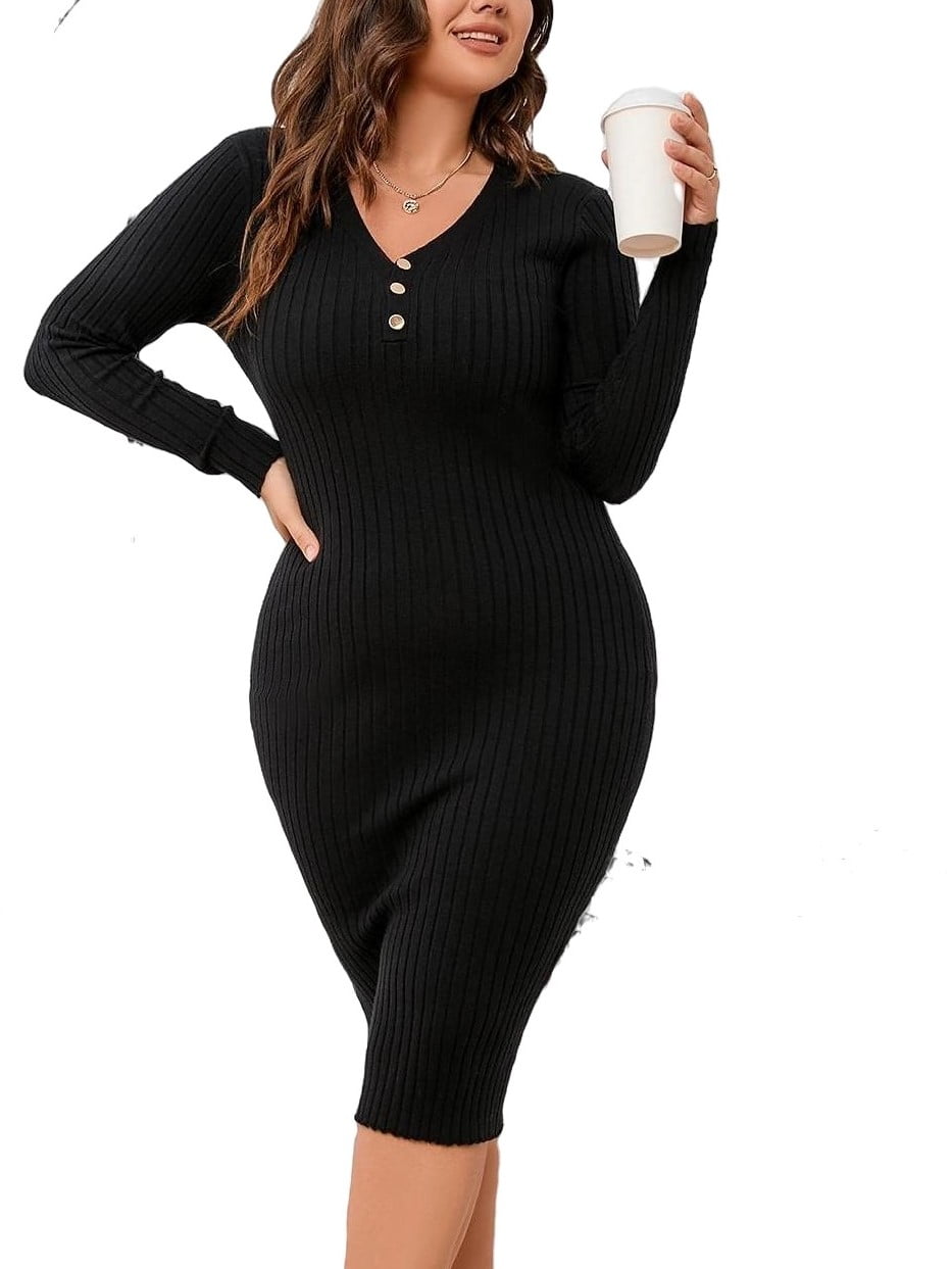 Elegant Plain V neck Long Sleeve Black Plus Size Sweater Dresses (Women