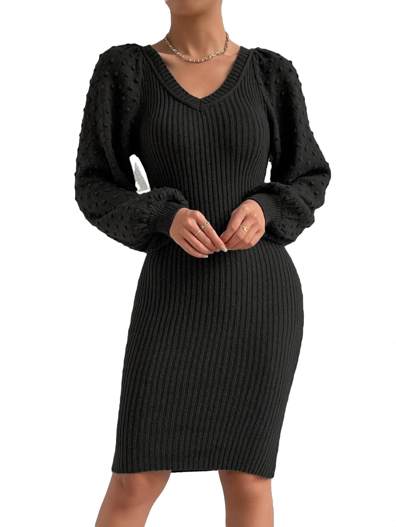 Elegant Plain V neck Long Sleeve Black Women's Sweater Dresses (Women's ...