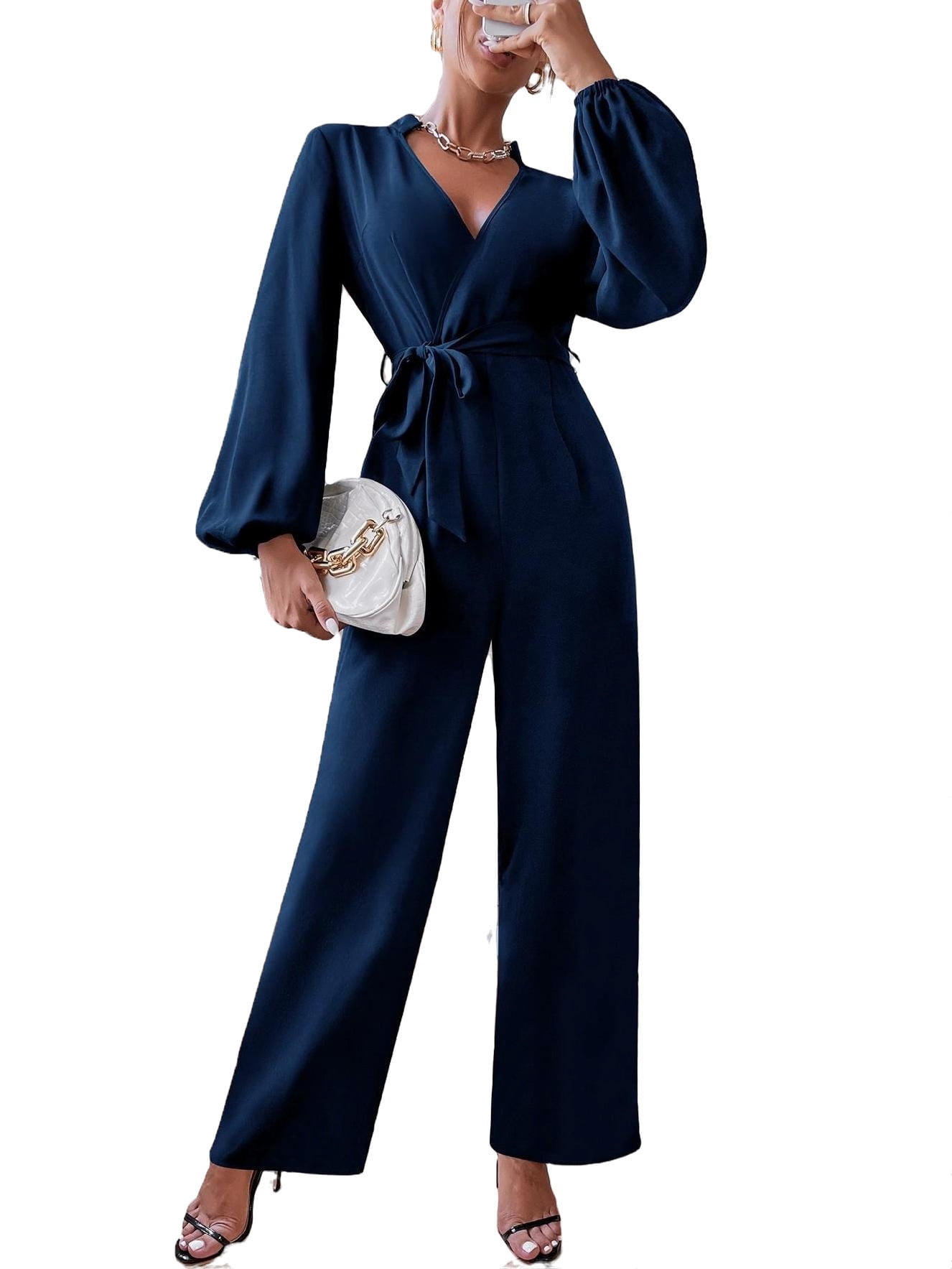 Stylish Navy Blue and Silver Jumpsuit with Accessories