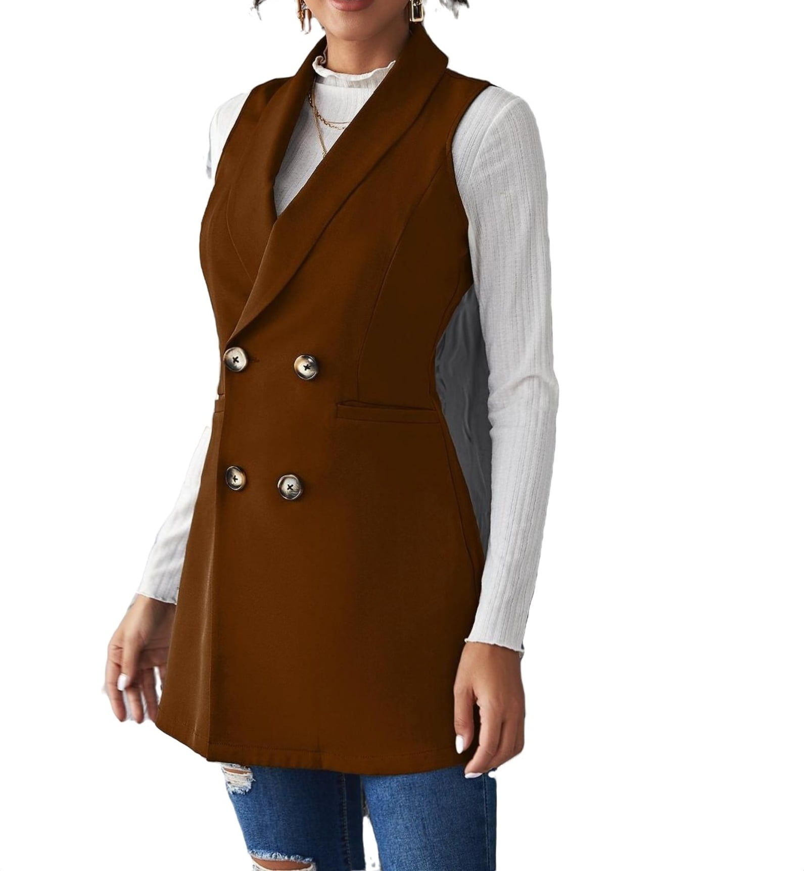 Elegant Plain Vest Blazer Shawl Collar Coffee Brown Women Blazers ...