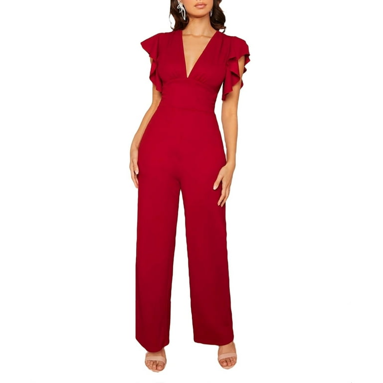 Deep V Pocket Plain Wide-Leg Jumpsuit Deep V Pocket Plain Wide-Leg Jumpsuit