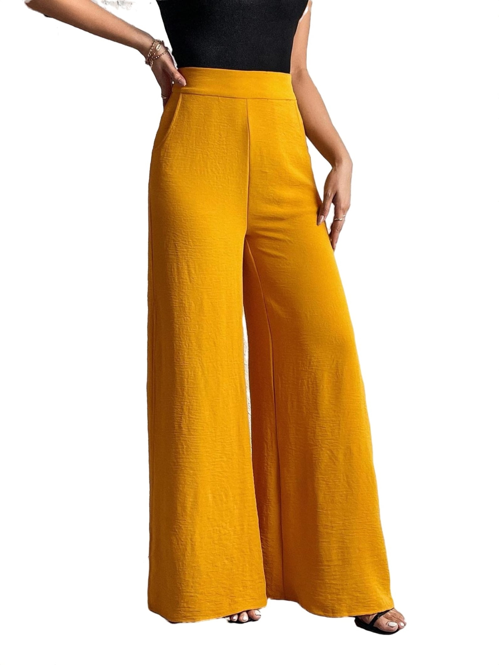 Elegant Plain Wide Leg Mustard Yellow Women Pants (Women's)