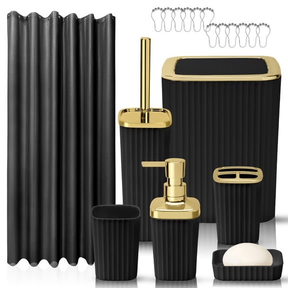 Elegant Plastic Bathroom Accessory Set - with Wood Accents, Wastebasket, Toilet Brush, Soap Dispenser, Toothbrush Cup, Mouthwash Cup, Soap Box, Shower Curtain, Waterproof Shower Curtain