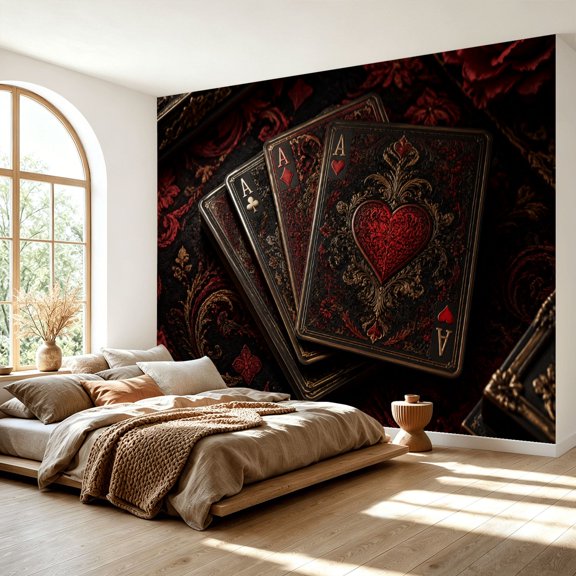 Elegant Playing Cards Wall Mural Peel and Stick Wallpaper Gold Red Design Gambling Casino Large Removable Self Adhesive Wall Paper Vinyl for Bedroom Living Room 69" x 96"