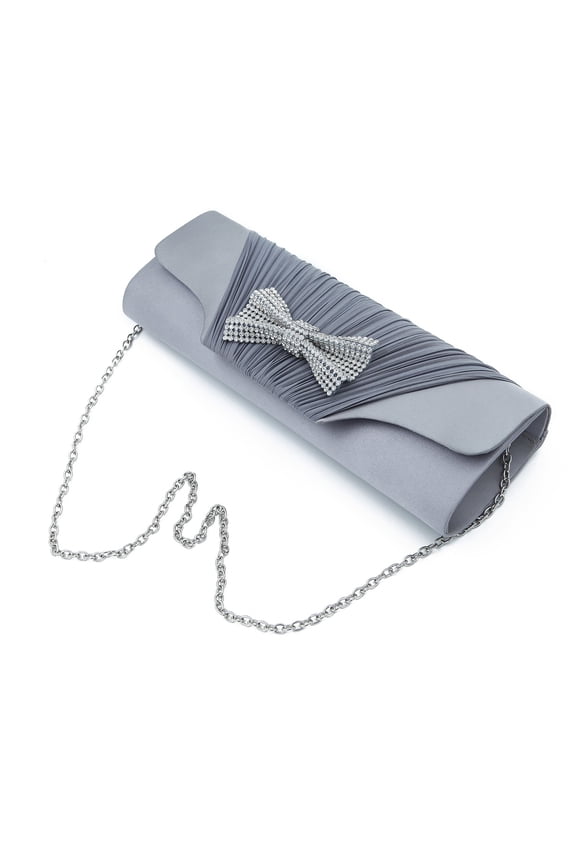Elegant Pleated Satin Flap Rhinestones Bow Clutch Evening Bag
