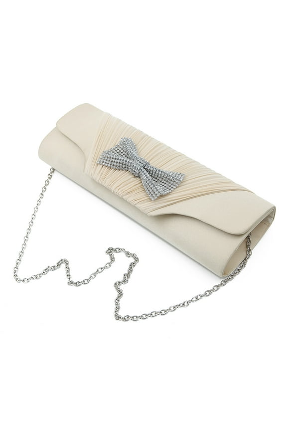 Elegant Pleated Satin Flap Rhinestones Bow Clutch Evening Bag