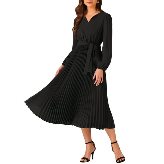 Elegant Pleated Swing Dress for Women's Solid Sleeveless V-Neck Long Sleeve Wear to Work Black L