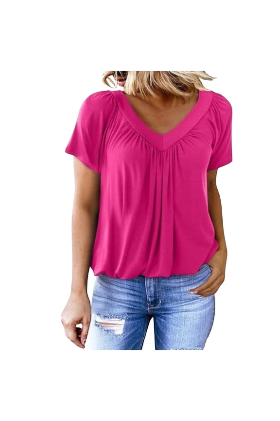Elegant Pleated V-Neck Top Women's Short Sleeve Loose Fit Blouse with Ruched Neckline Casual Solid Color Shirt for Daily and Dating Wear