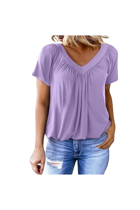 Elegant Pleated V-Neck Top Women's Short Sleeve Loose Fit Blouse with Ruched Neckline Casual Solid Color Shirt for Daily and Dating Wear