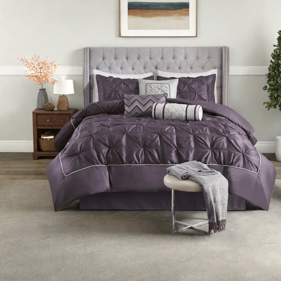 Elegant Plum 7Piece Bedding Sets Polyester Comforter with Tufted Design for Queen Beds
