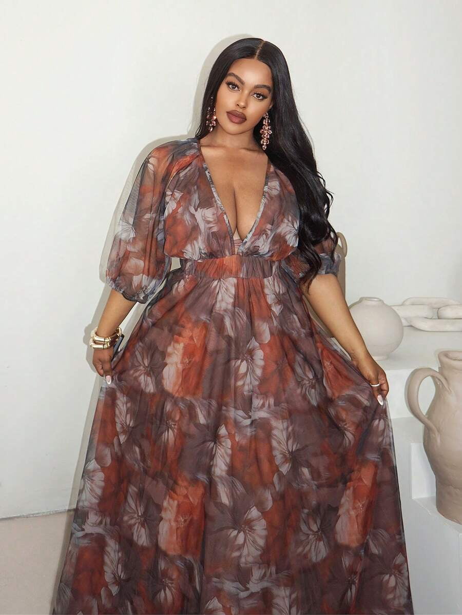 mesh multicolor dress Elegant Plus Size Multicolor Floral Print Mesh Maxi Dress With V-Neck And  Puffed Sleeves