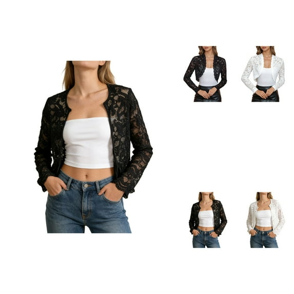 Elegant Plus Size Short Blazer Cardigan with Lace Trim, Long Sleeve Open Front Cropped Bolero Jacket for Layered Looks