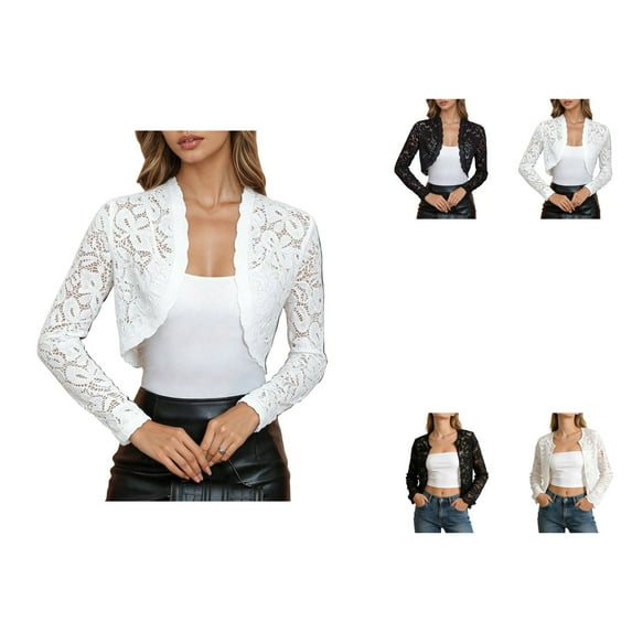 Elegant Plus Size Short Blazer Cardigan with Lace Trim, Long Sleeve Open Front Cropped Bolero Jacket for Layered Looks
