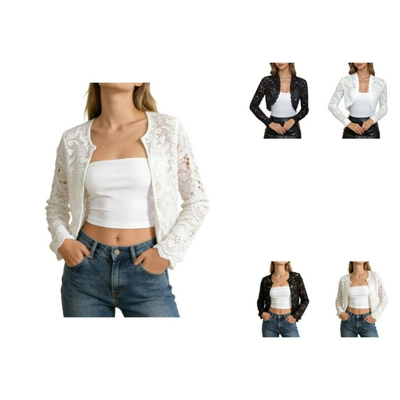 Elegant Plus Size Short Blazer Cardigan with Lace Trim, Long Sleeve Open Front Cropped Bolero Jacket for Layered Looks