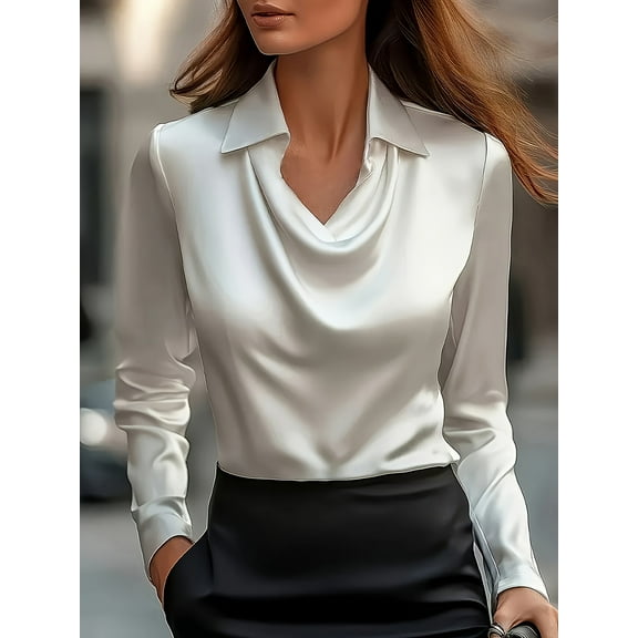Elegant Plus Size White Satin Long Sleeve Blouse for Women in Regular Fit