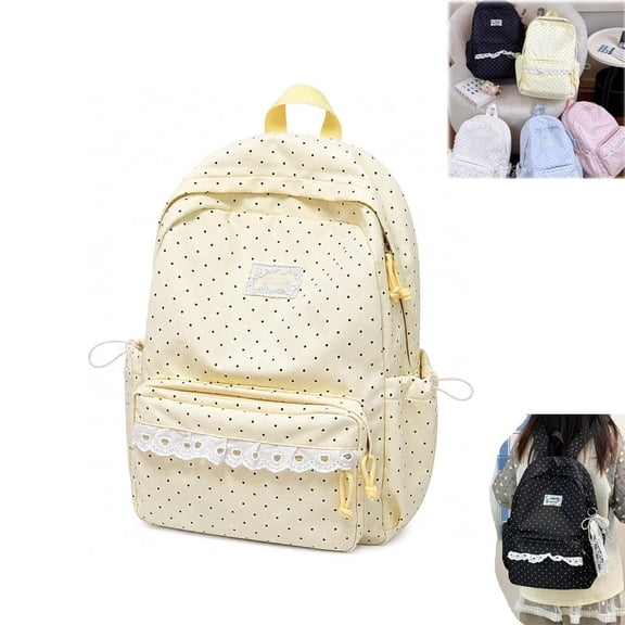 Elegant Polka Dot Lace Backpack, Cute Polka Dot Backpack, Coquette Aesthetic Backpack with Padded Straps and Large Compartment for Commute, Travel Yellow-ZP