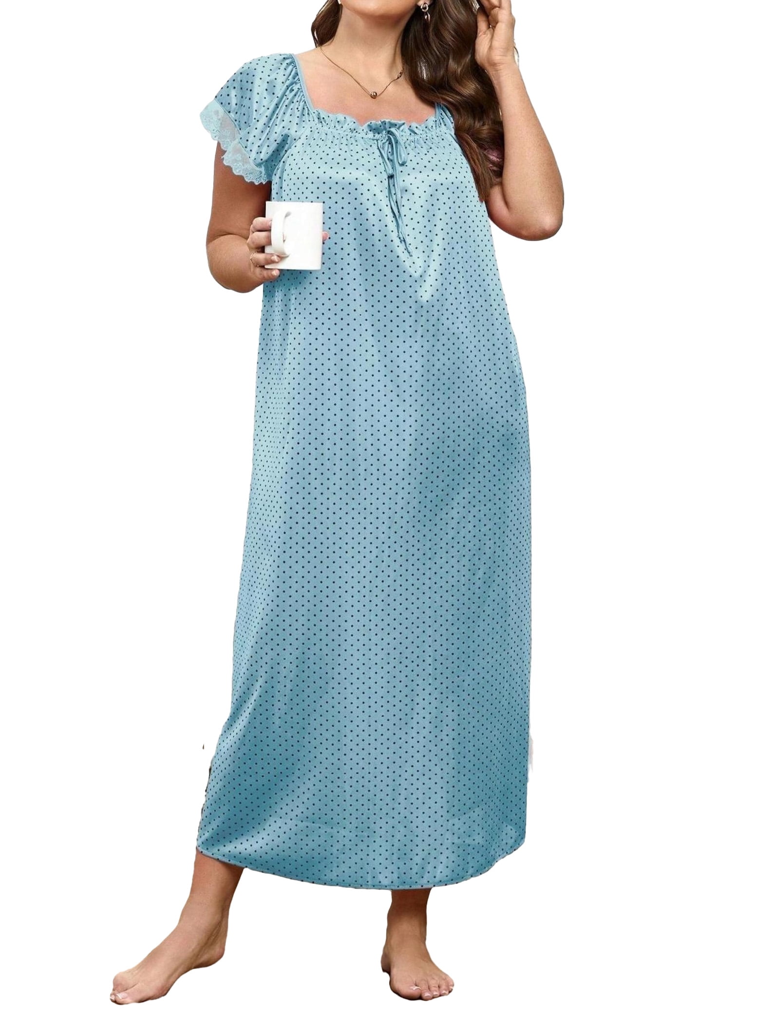 Elegant Polka Dot Print Square Neck Nightgowns Short Sleeve Blue Plus Size Nightgowns