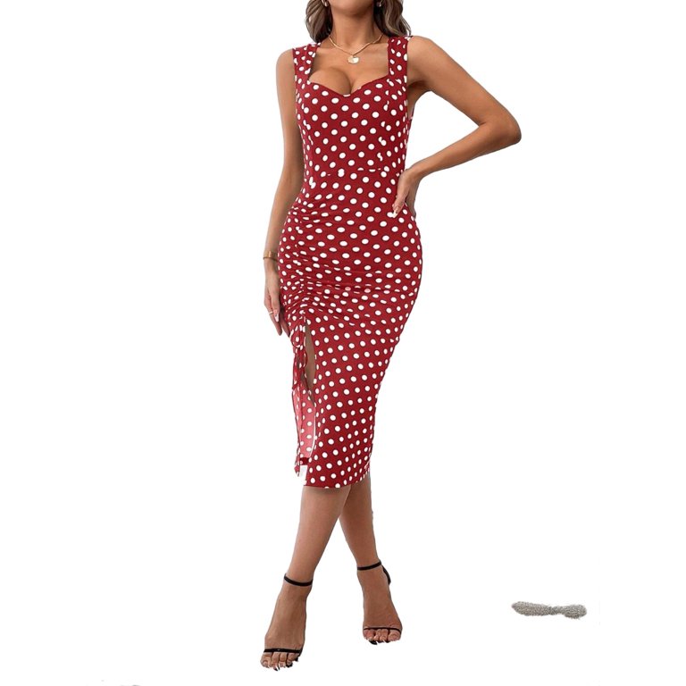 Elegant Polka Dot Print Sweetheart Neck Bodycon Sleeveless Red and White  Women Dresses (Women's)