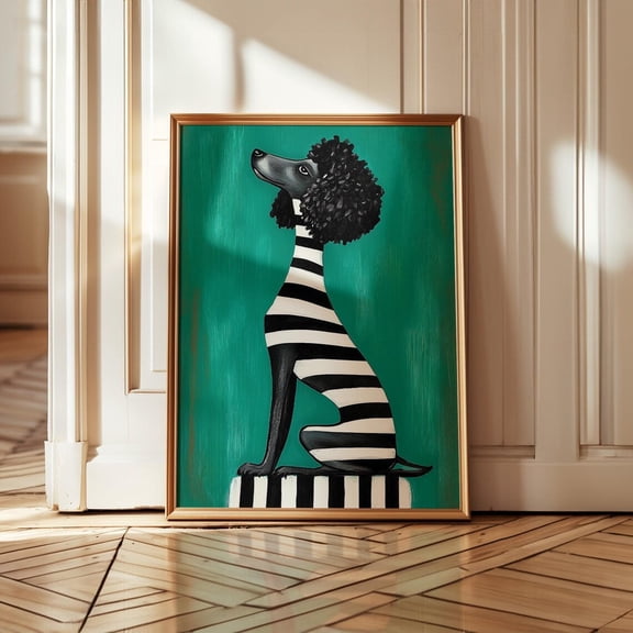 Elegant Poodle Art Print Black And White Striped Dog Teal Modern Wall Art Whimsical Animal Decor Minimalist Dog Portrait Wall Art Modern Wall Decor