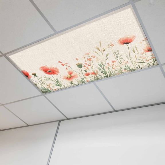 Elegant Poppy Magnetic Fluorescent Light Covers for Ceiling Lights 2x4Ft,Spring Florals Pastoral Watercolor Rustic Office Classroom Kitchen Drop Ceiling Light Covers Filters Shade Panel 1Pack