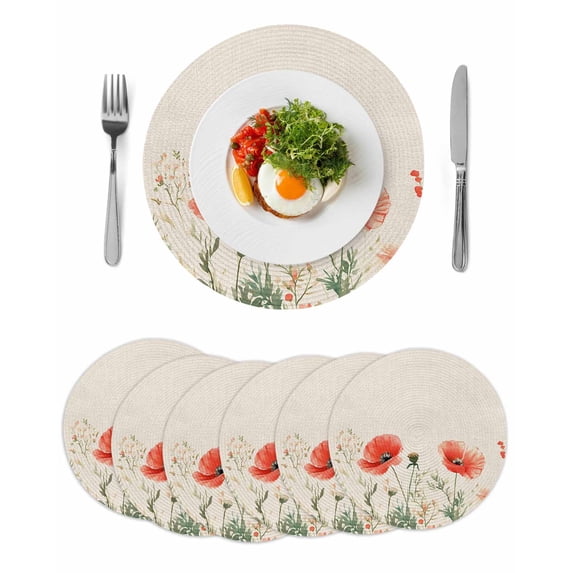 Elegant Poppy Round Placemats Set of 6 for Dinning Tables,Heat-proof Braided Table Mats 13 Inch,Spring Florals Pastoral Watercolor Rustic Washable Place Mat for Kitchen Restaurant Party Table Decor