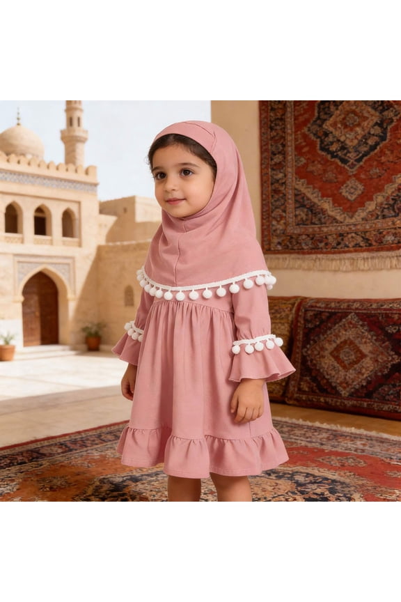 Elegant Prayer Dress Set For Baby Girls Long Sleeve Outfit With Hijab